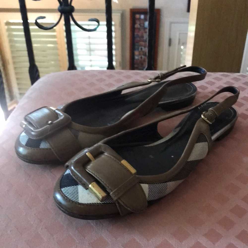 37.5 Burberry sling back flats. Used, as is.